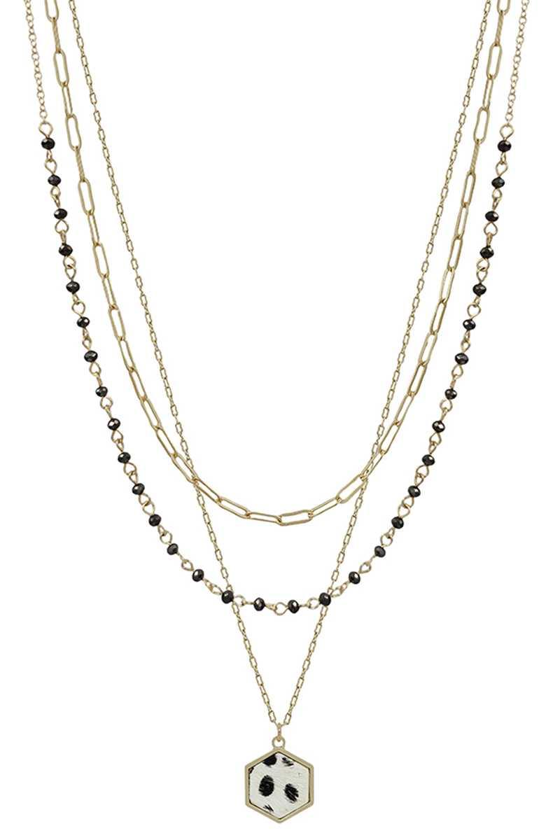 3 Layered Metal Crystal Bead Chain Hexagon Leopard Pendant Necklace - Boutique Fashionistah