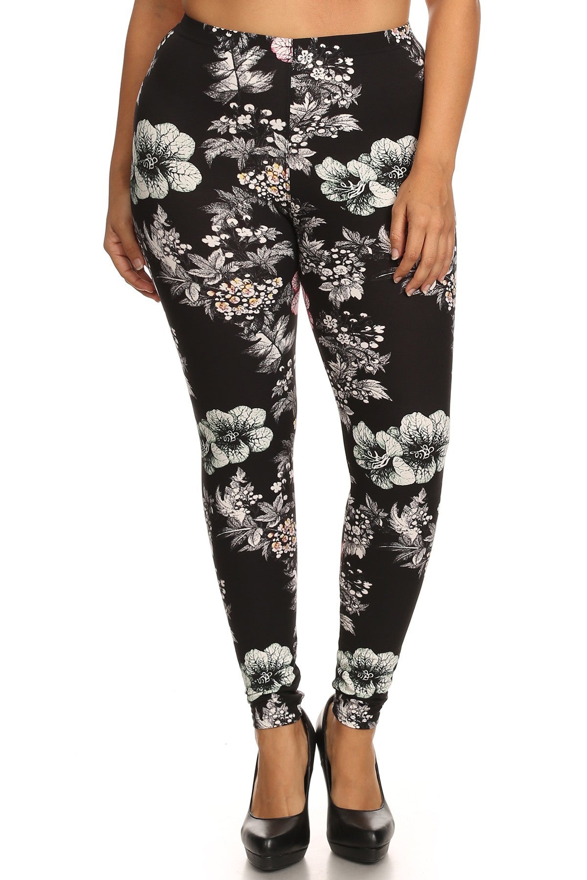 Plus Floral Graphic Printed Jersey Knit Legging With Elastic Waistband Detail