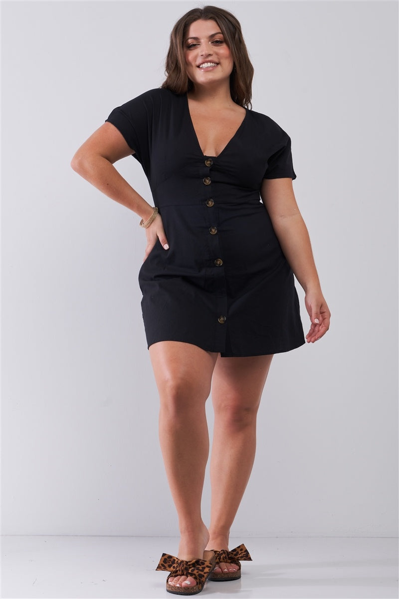 Plus Size Black Short Sleeve V-neck Front Button Down Cotton Mini Dress