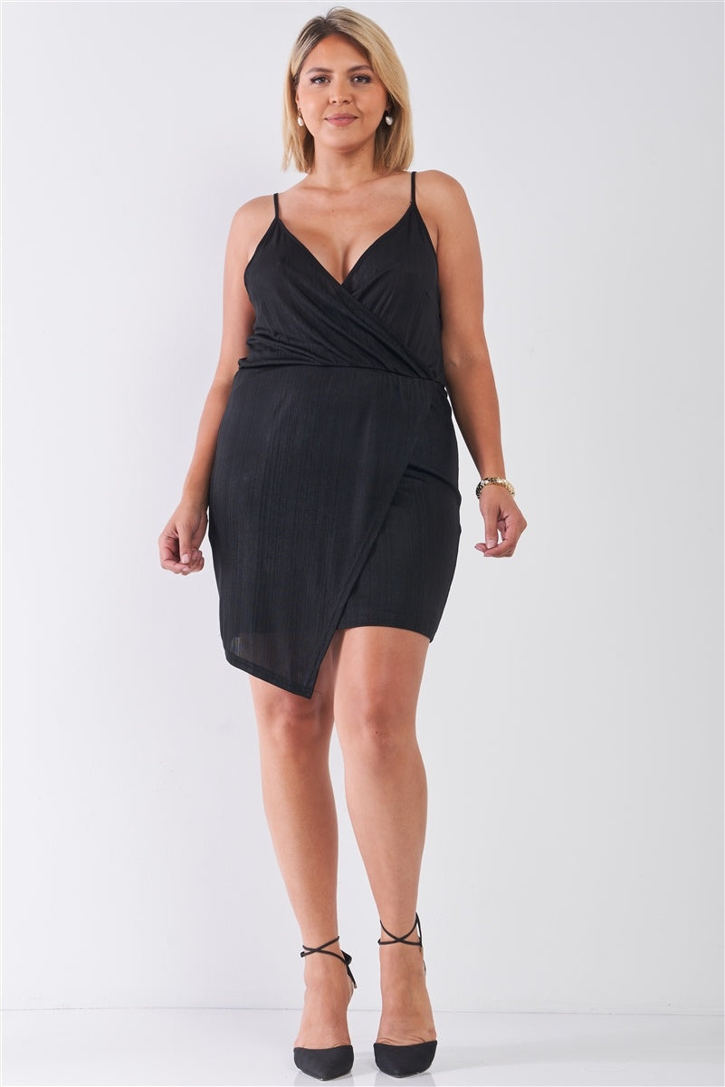 Plus Size Black Surplice Neckline Cami Mini Dress