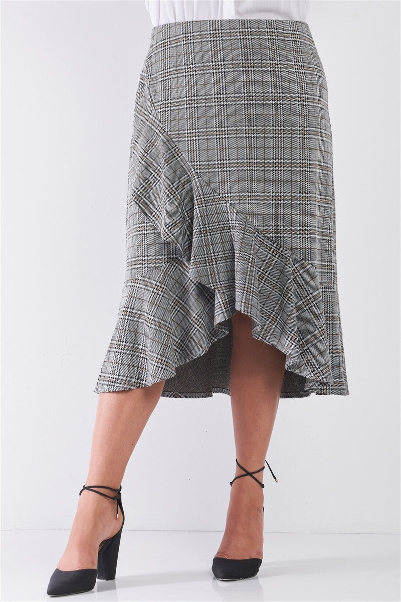 Plus Size Plaid Grey High-waist Midi Skirt