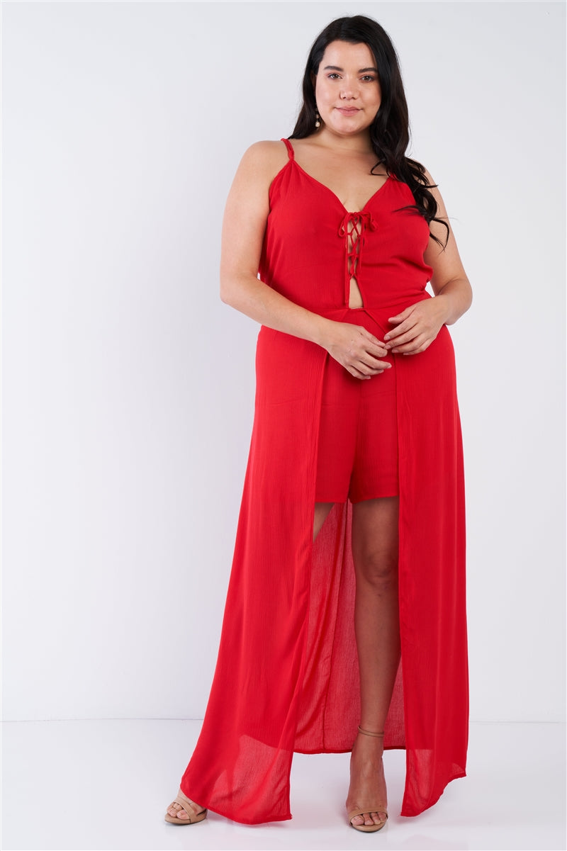 Plus Size Red Maxi Lace Up Romper Dress