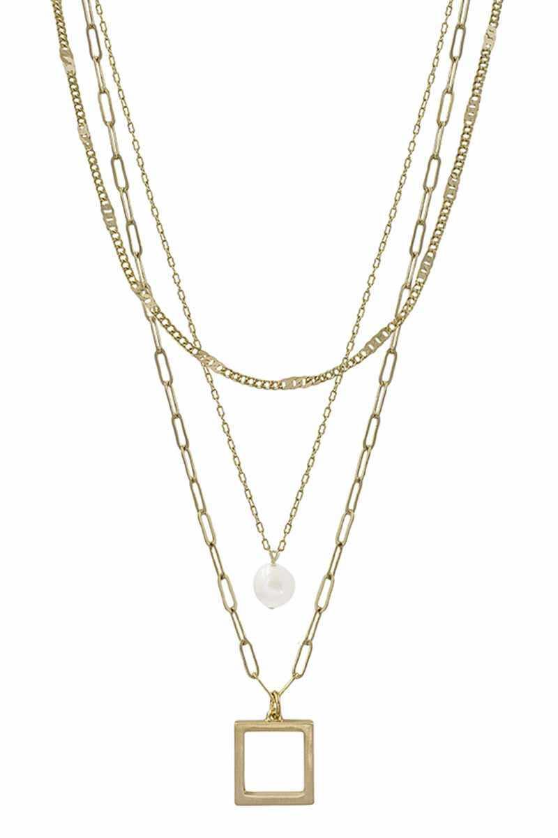 3 Layered Metal Chain Square &amp; Pearl Pendant Necklace - Boutique Fashionistah