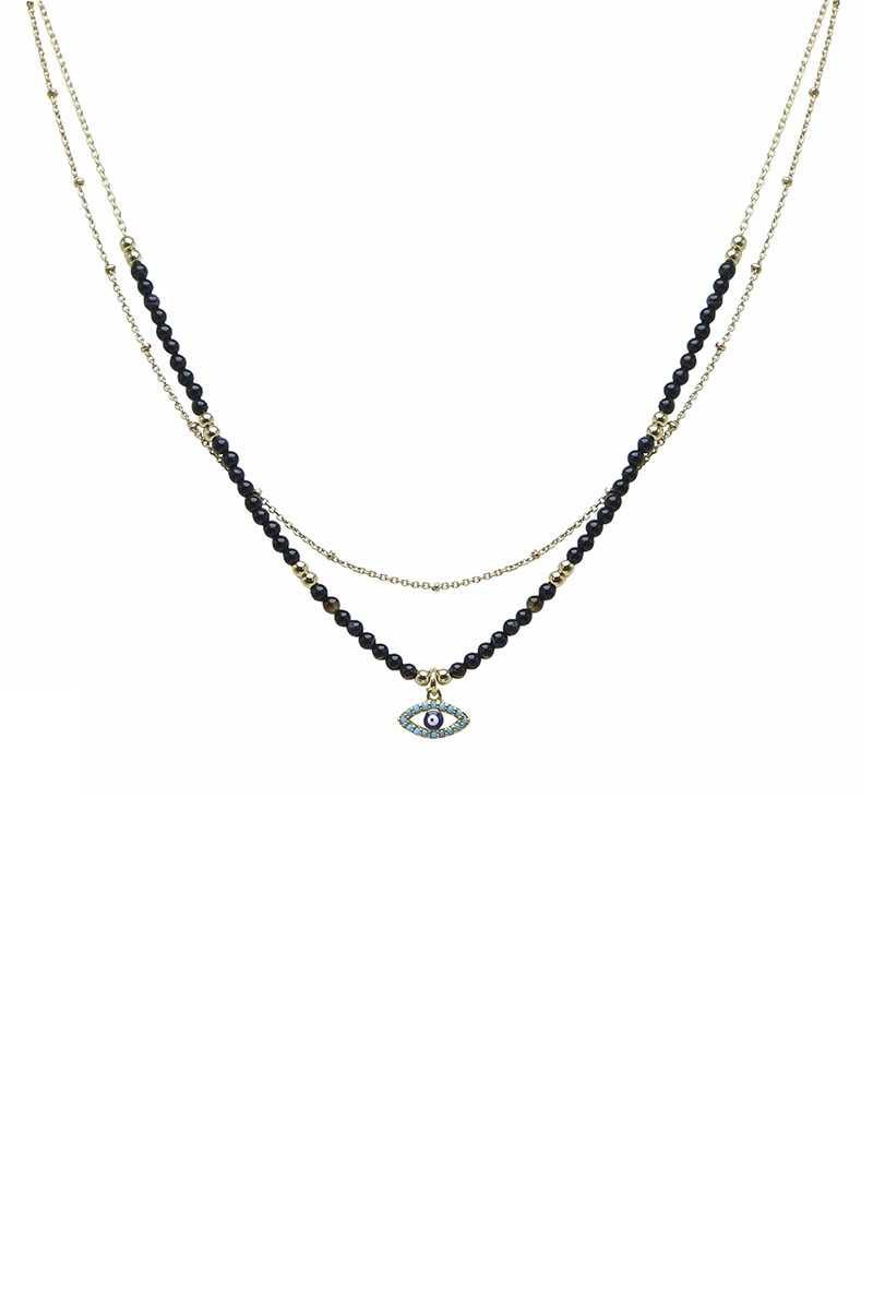 2 Layered Metal Seed Bead Evil Eye Pendant Necklace - Boutique Fashionistah