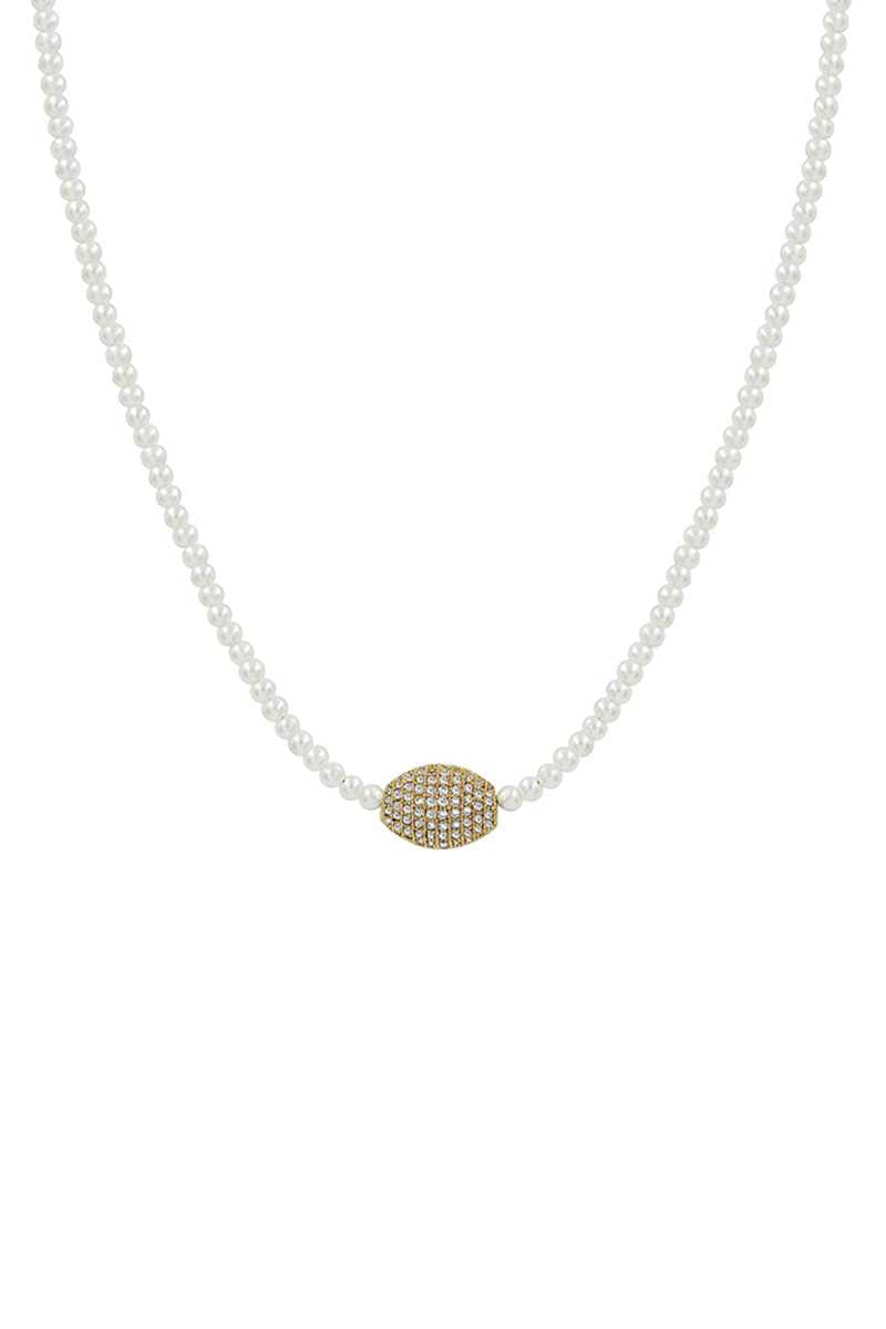 Oval Rhinestone Pendant Pearl Bead Necklace