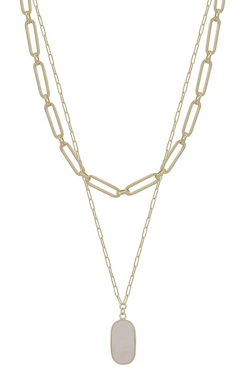 2 Layered Metal Chain Stone Pendant Necklace - Boutique Fashionistah