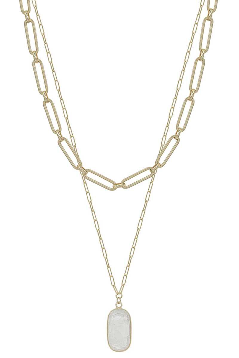 2 Layered Metal Chain Stone Pendant Necklace - Boutique Fashionistah