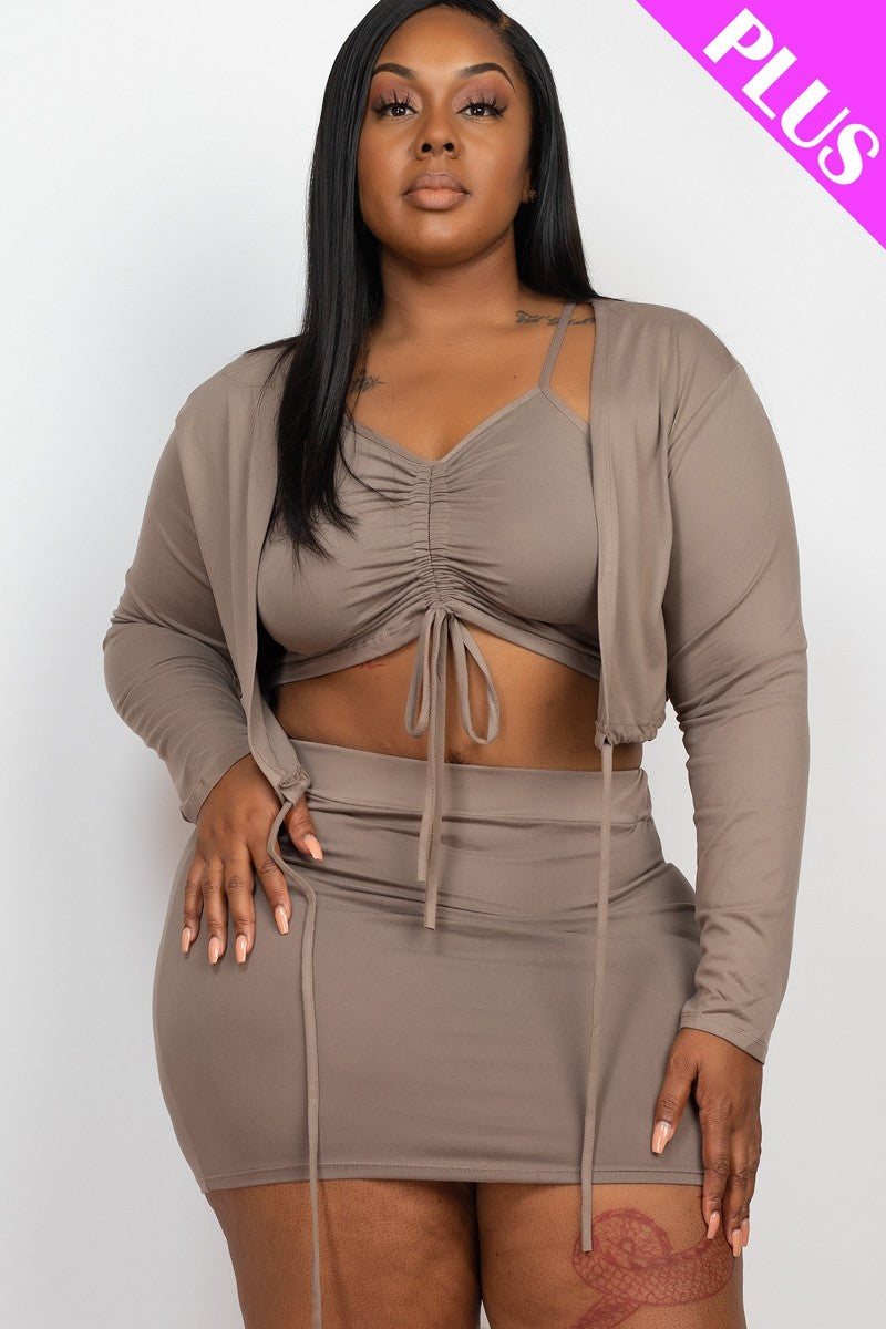 Plus Size Ruched Drawstring Cami Top &amp; Skirt Set With Cardigan