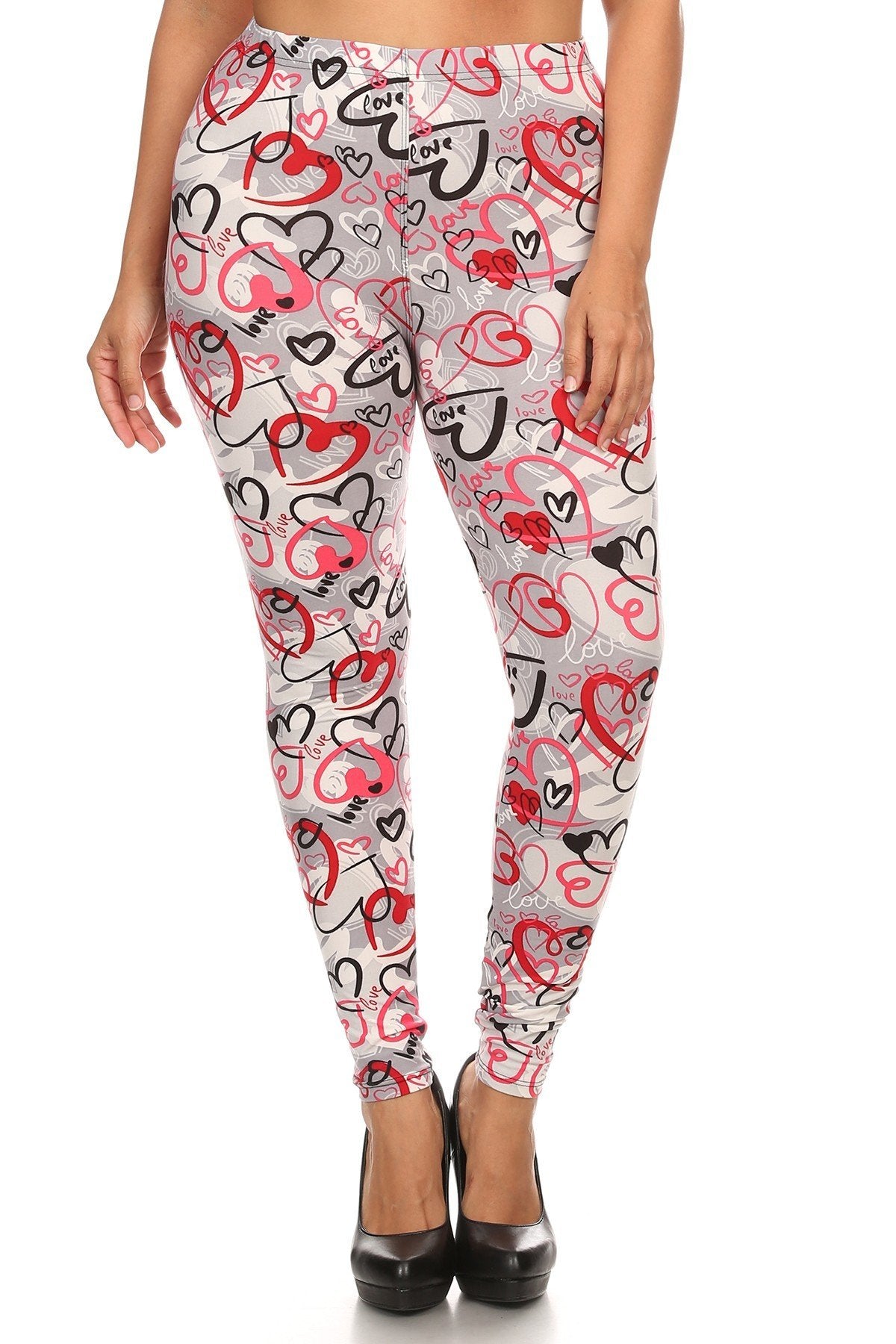 Plus Heart Print, Full Length Leggings In A Slim Fitting Style With A Banded High Waist