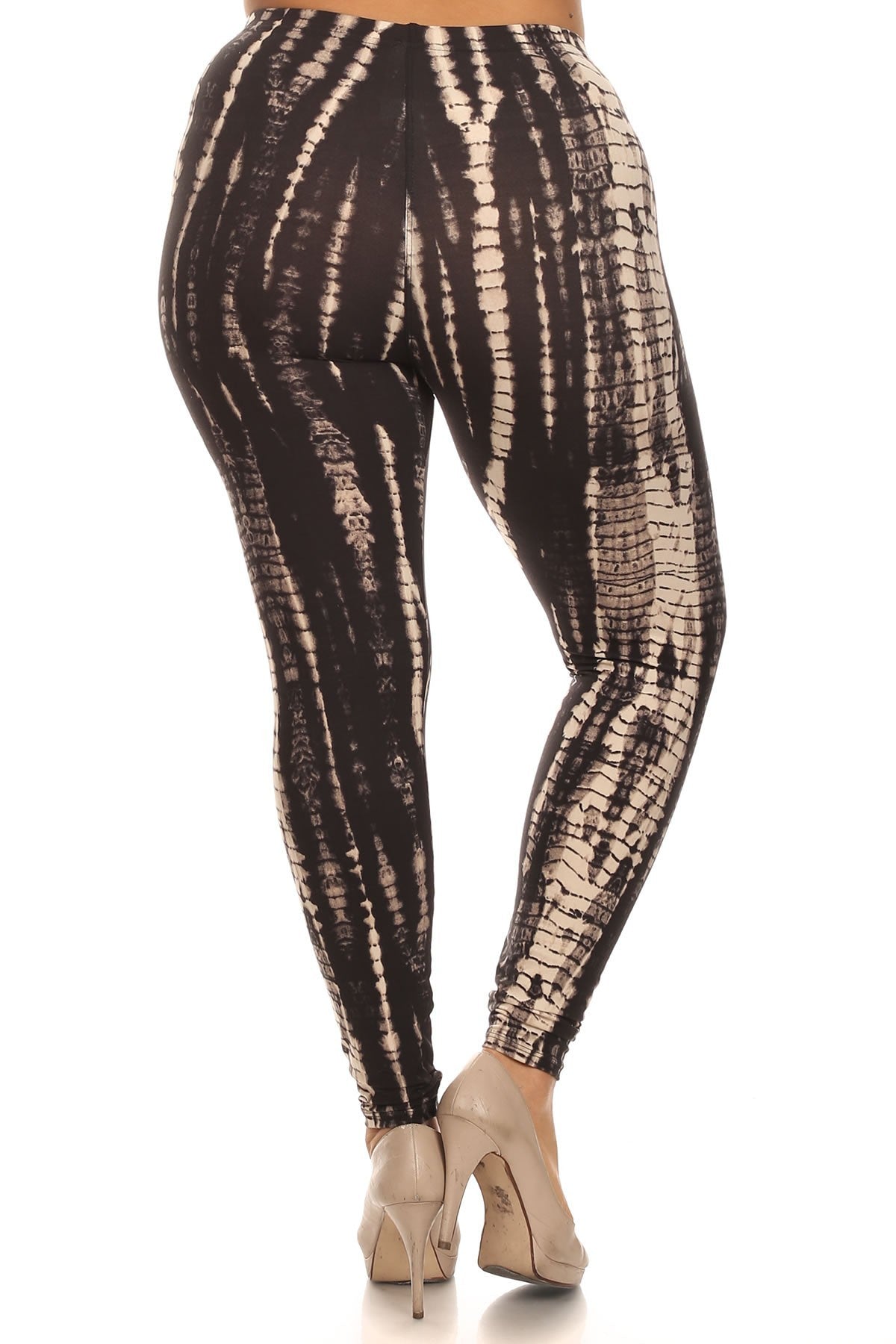 Plus Black And Tan Tie Dye Print Full Length Fitted Leggings With High Waist.