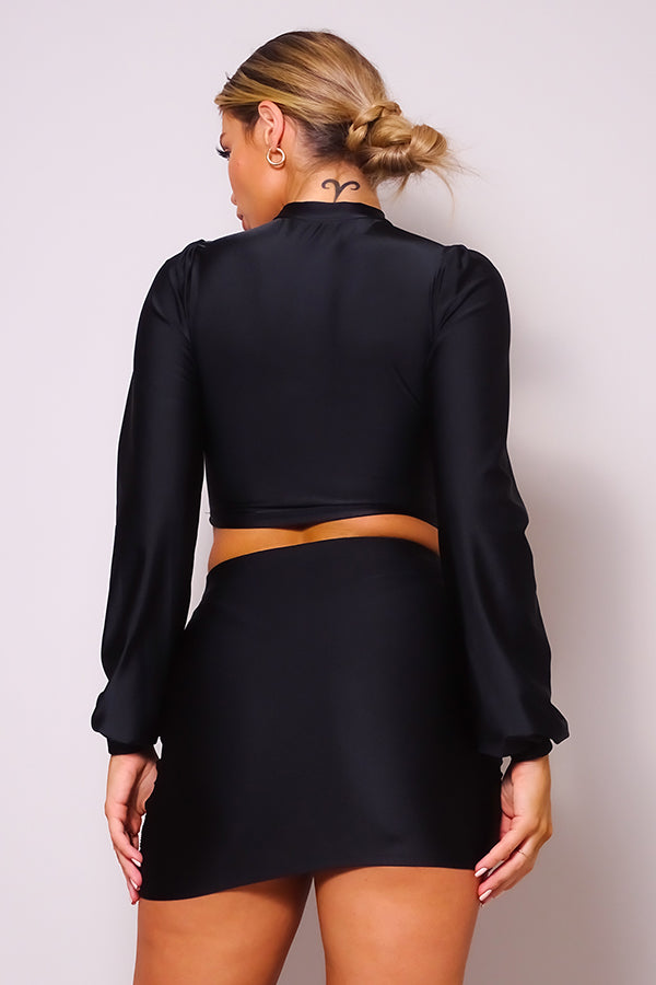 Puff Long Sleeve Front Cutout Turtleneck Blouse &amp; Side Ruched Garter Mini Skirt Set