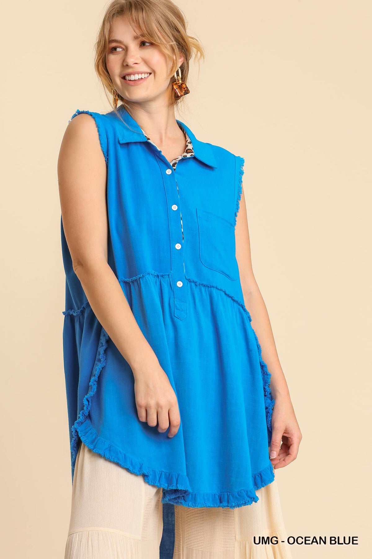Linen Blend Sleeveless Button Front Tunic With Frayed Round Hems