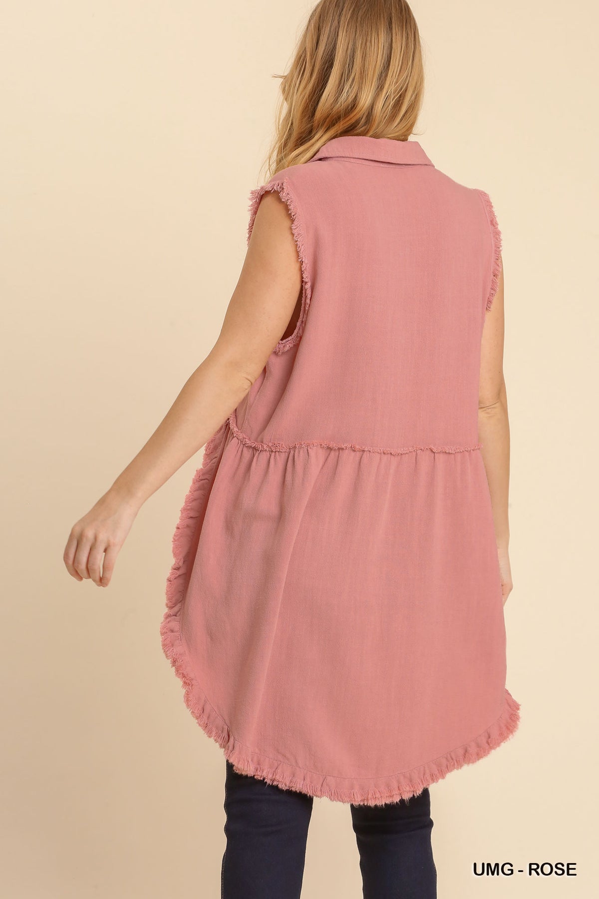 Linen Blend Sleeveless  Button Front Tunic With Frayed Round Hems