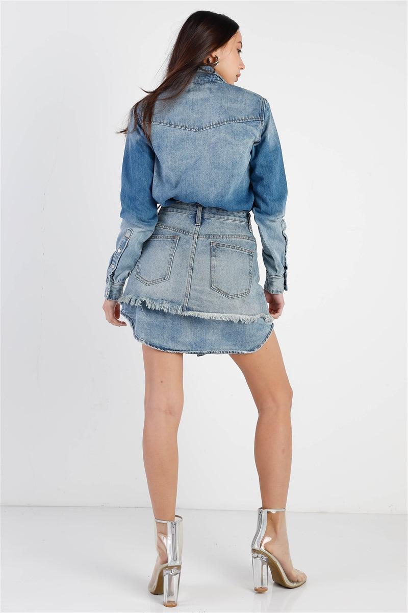 Light Denim Cotton Button Up Long Shirt &amp; Mini Skirt Set