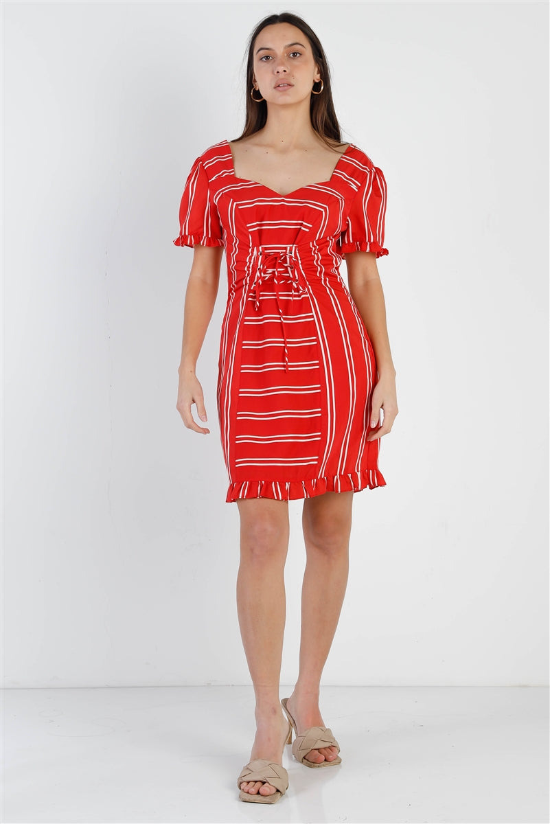 Red Stripe Lace Up Front Detail Ruffle Trim Balloon Sleeve Dress