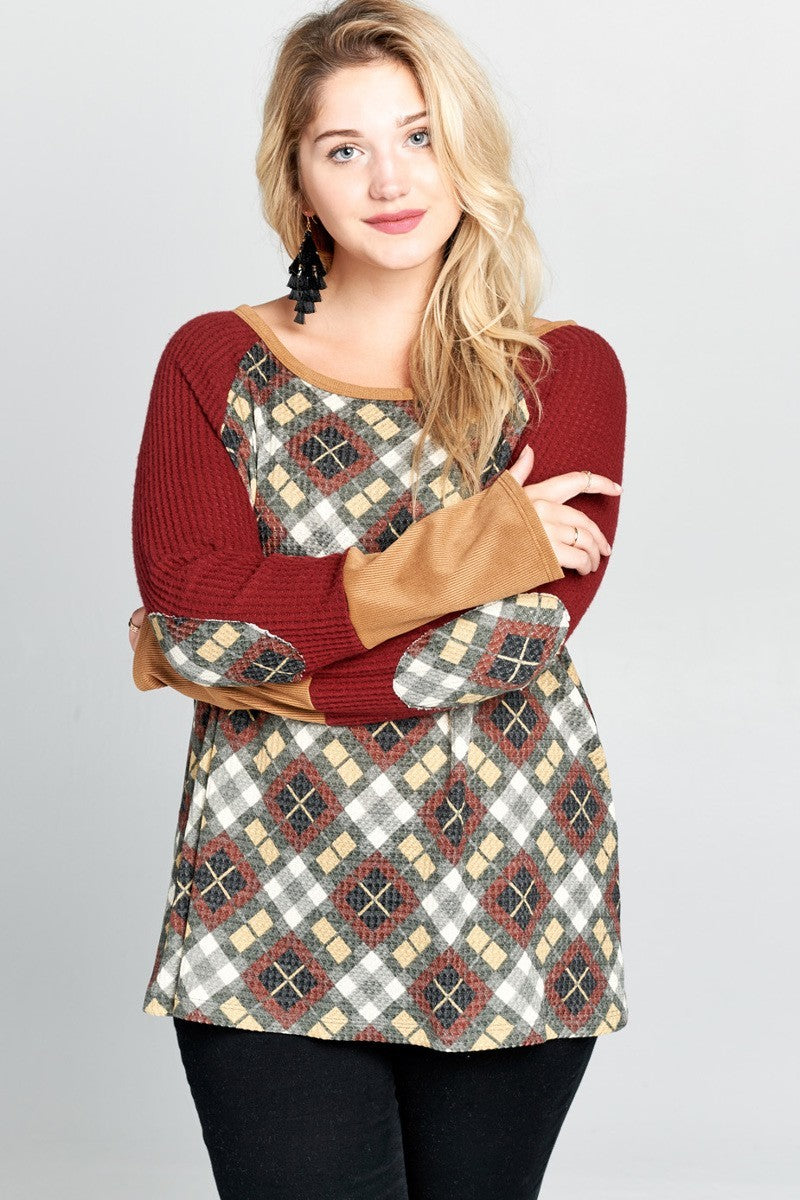 Argyle Printed Waffle Knit Sweater Top