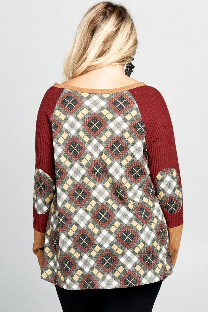 Argyle Printed Waffle Knit Sweater Top
