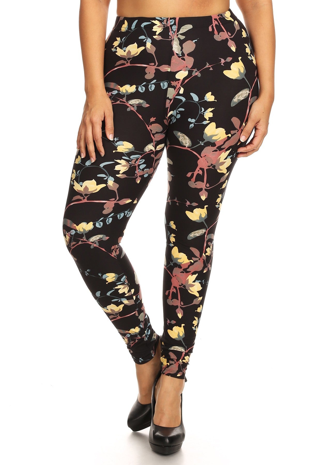 Plus Floral Print, Full Length Leggings In A Slim Fitting Style With A Banded High Waist
