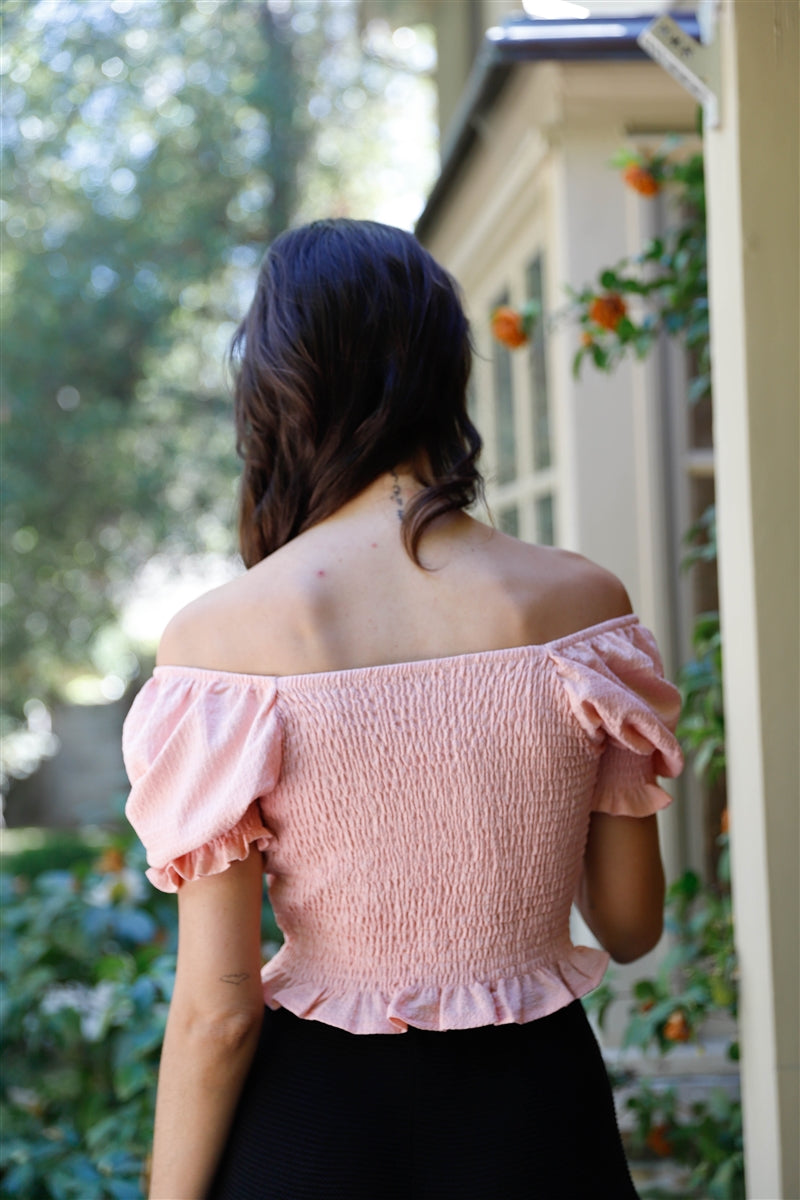 Textured Ruched Detail Smocked Back Short Balloon Sleeve Crop Top