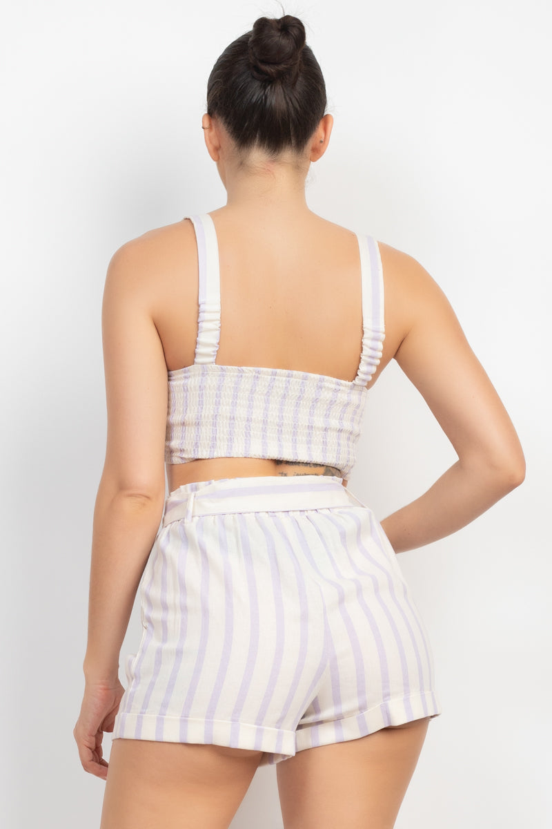 Tie-front Striped Crop Top &amp; Belted Shorts Set