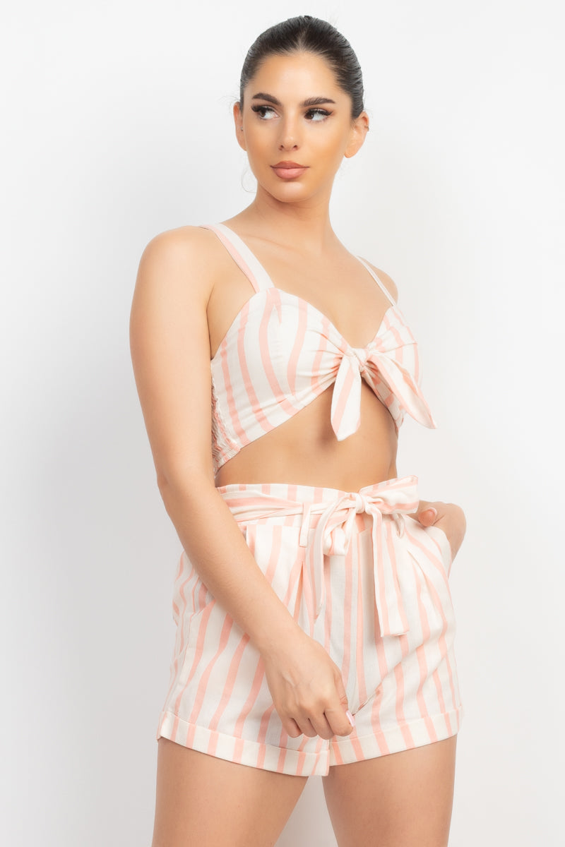 Tie-front Striped Crop Top &amp; Belted Shorts Set