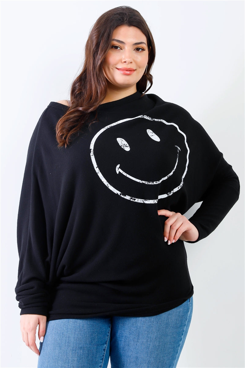 Plus Smile Front Print Flannel Dolman Sleeve Top