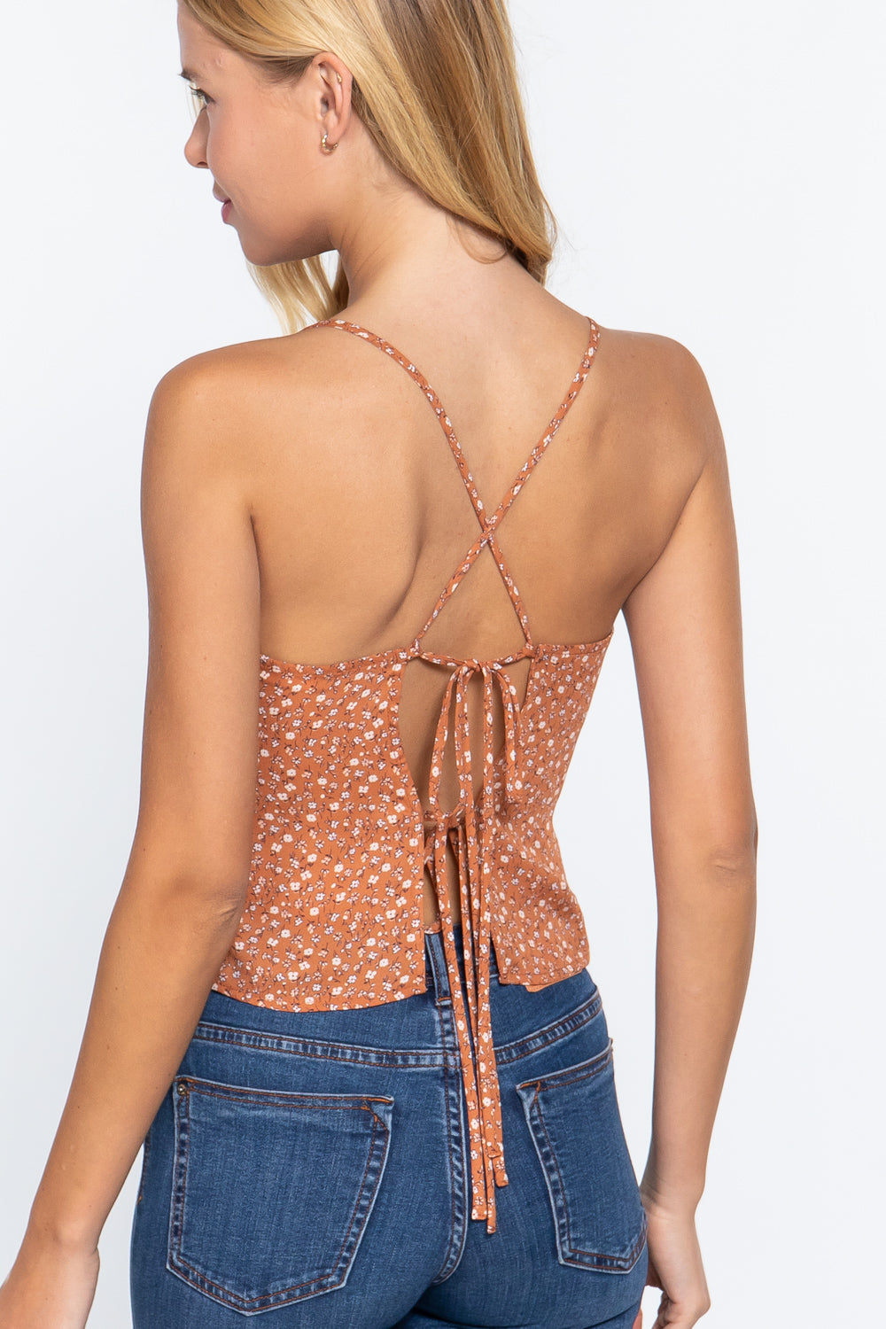 Ruched Open Back Print Cami Woven Top