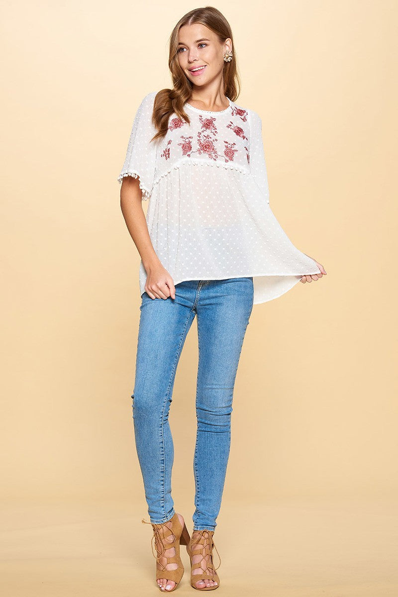 This Detailed Lace Trimmed Bubble Chiffon Blouse