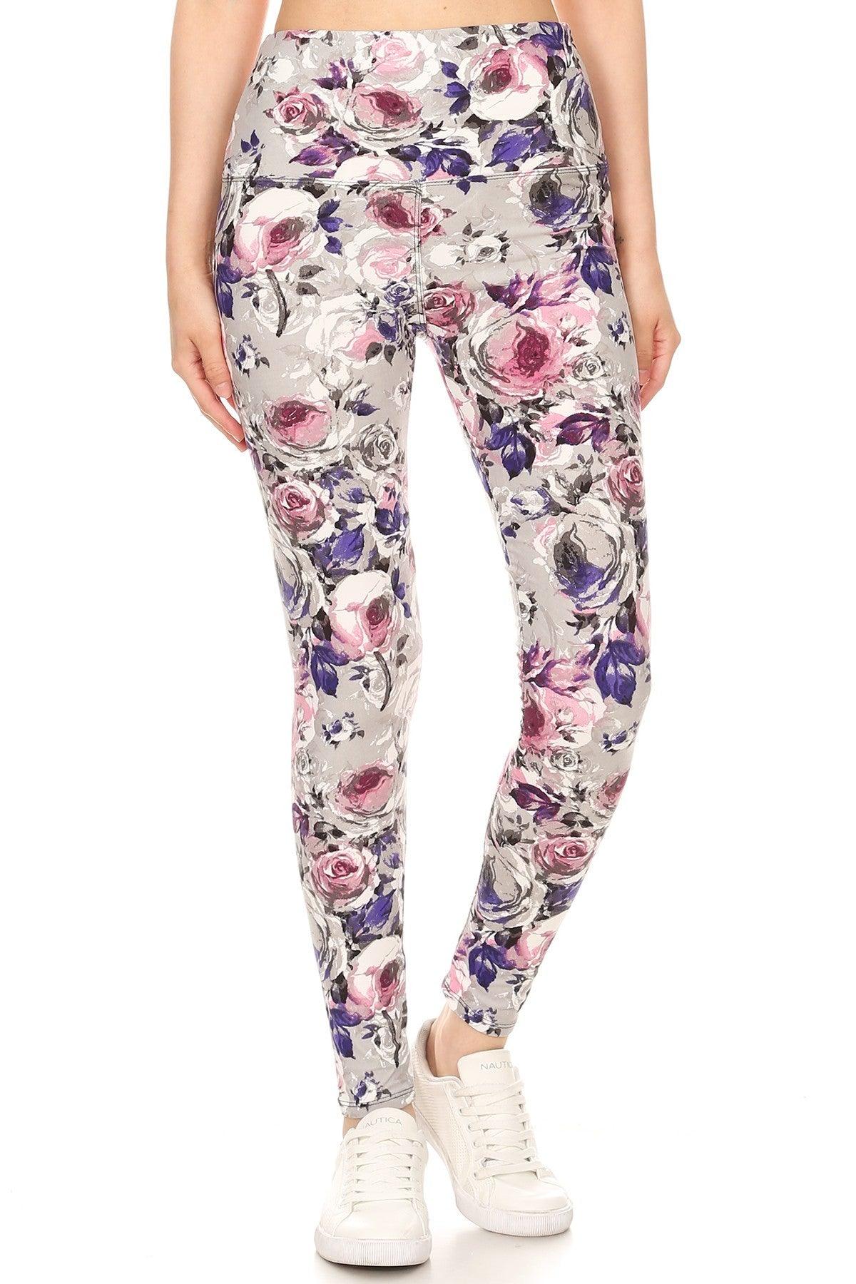 5-inch Long Yoga Style Banded Lined Floral Printed Knit Legging With High Waist - Boutique Fashionistah