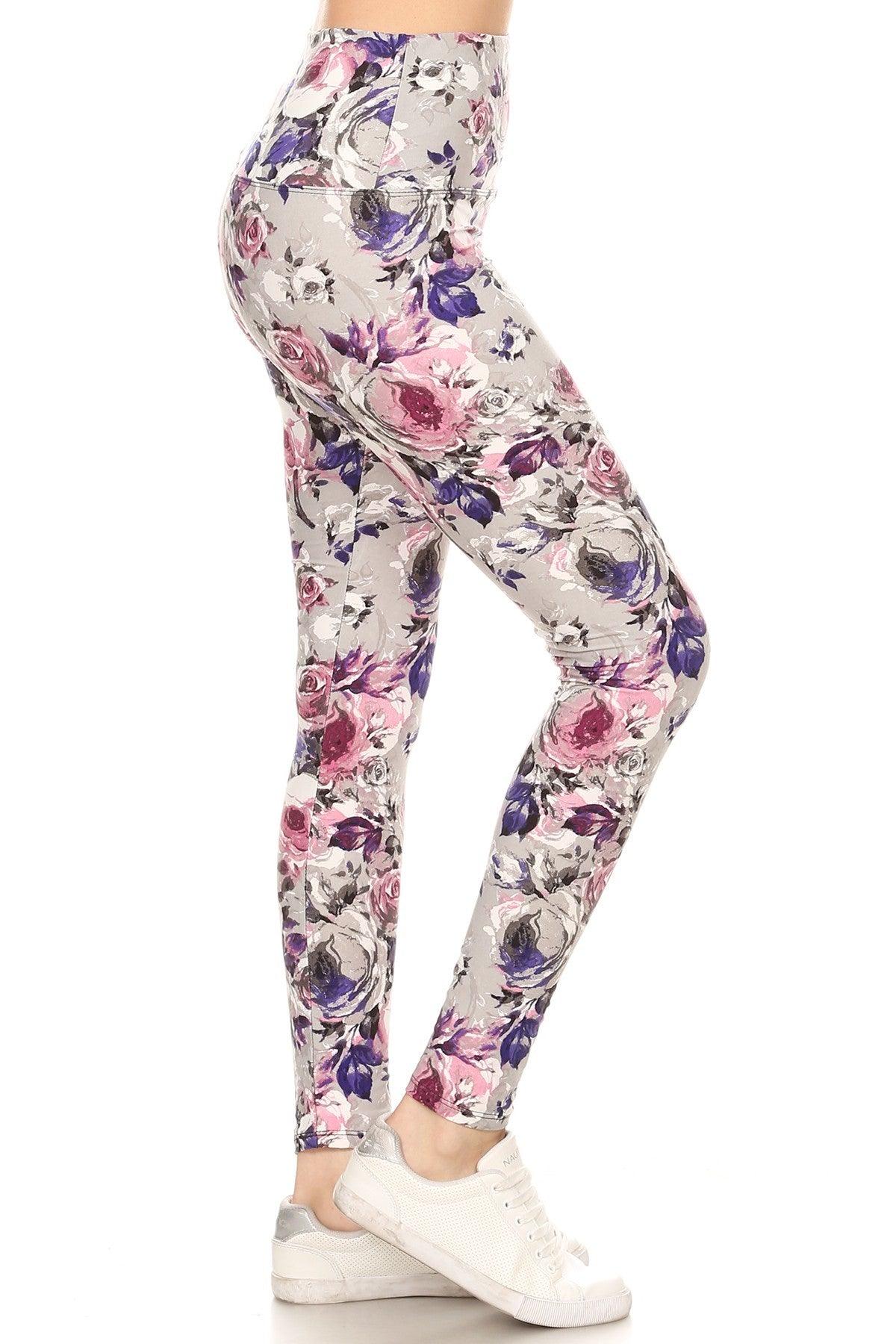 5-inch Long Yoga Style Banded Lined Floral Printed Knit Legging With High Waist - Boutique Fashionistah