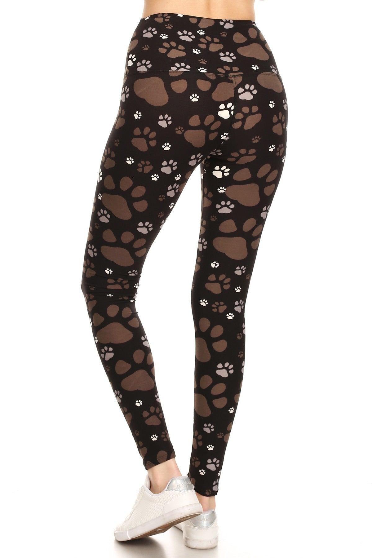 5-inch Long Yoga Style Banded Lined Paw Printed Knit Legging With High Waist - Boutique Fashionistah