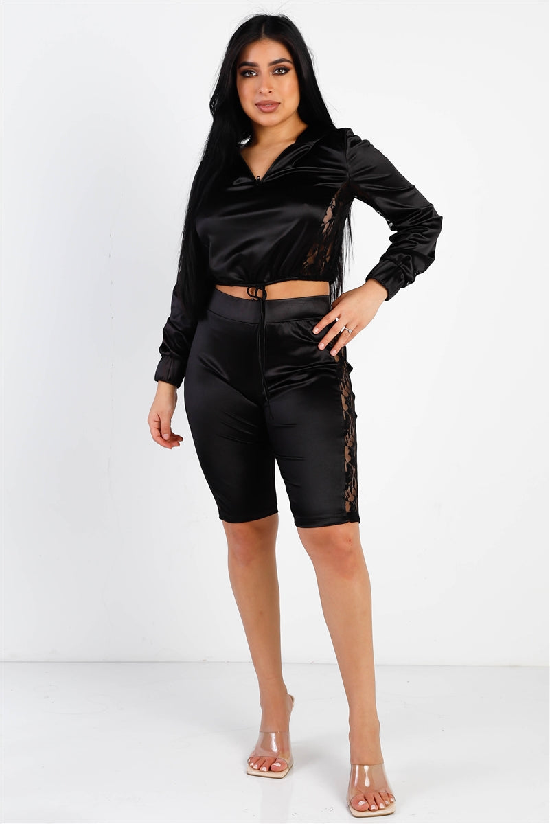 Black Satin Lace Details Long Sleeve Hooded Crop Top &amp; Biker Short Set