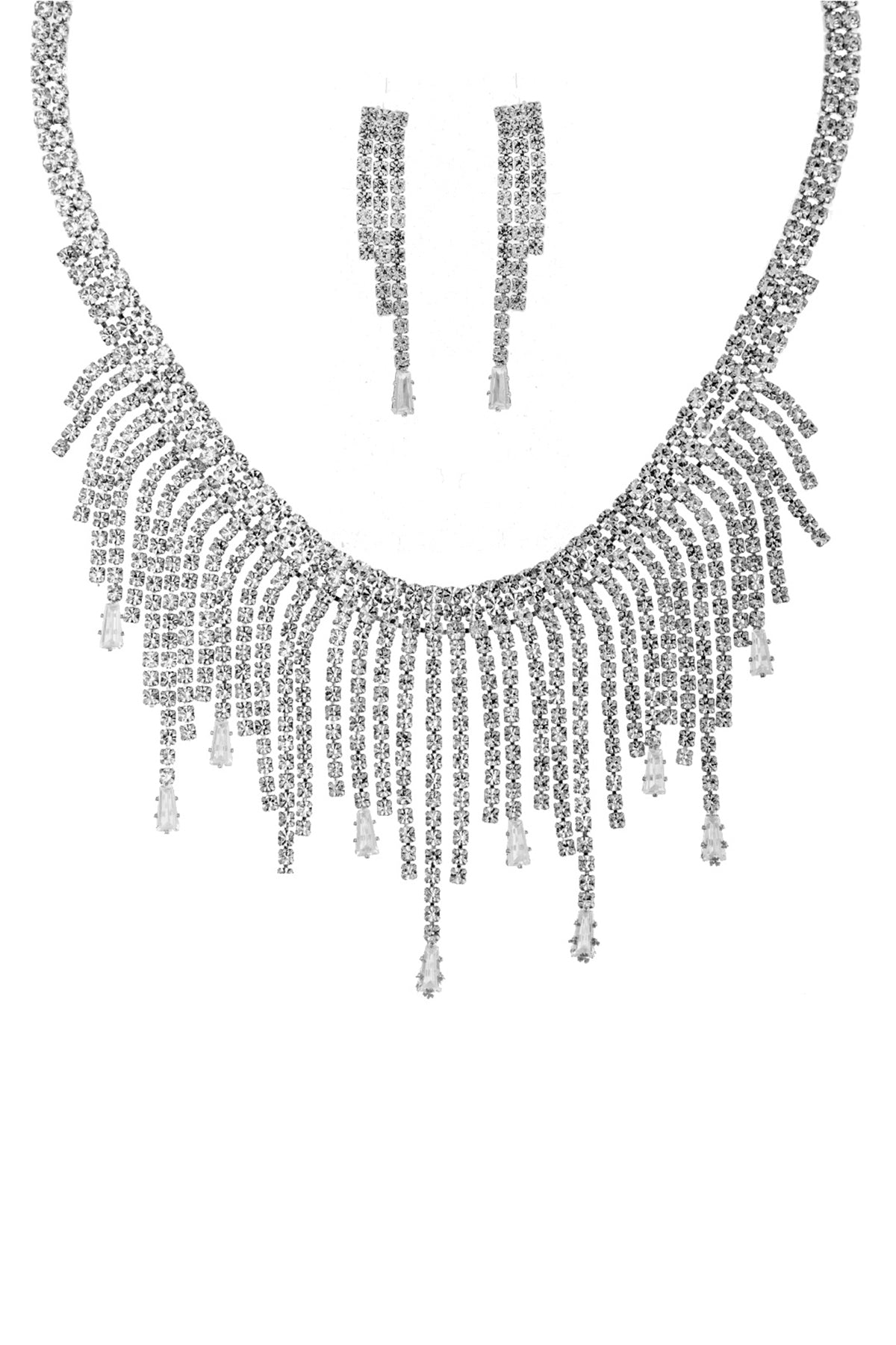 Rhinestone Crystal Baguette Fringe Necklace And Earring Set